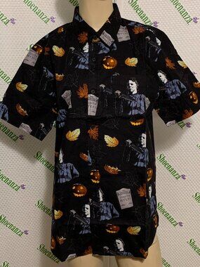 Middle Of Beyond Button Down Shirt Halloween Michael Myers Pumpkin Black Mens XL